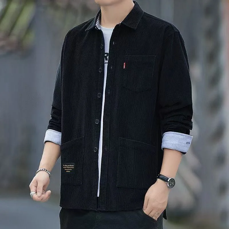 Business Casual Thin Corduroy Long Sleeve Shirt Men's Workwear Jacket Spring Autumn CleanFit Polyester Fiber Wear Resistant