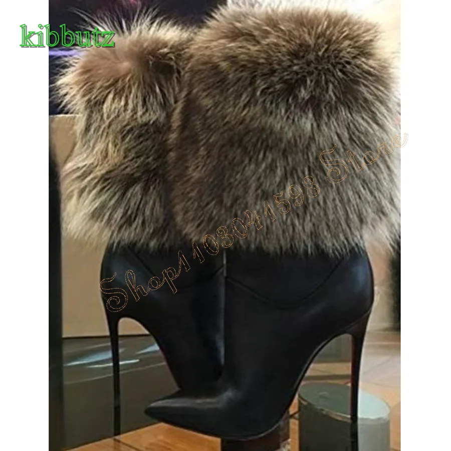 Furry Leather Paneled Mid Calf Boots Pointed Toe Stiletto Zipper Women Boots Party High Heel Boots 2024 New Zapatos Para Mujere