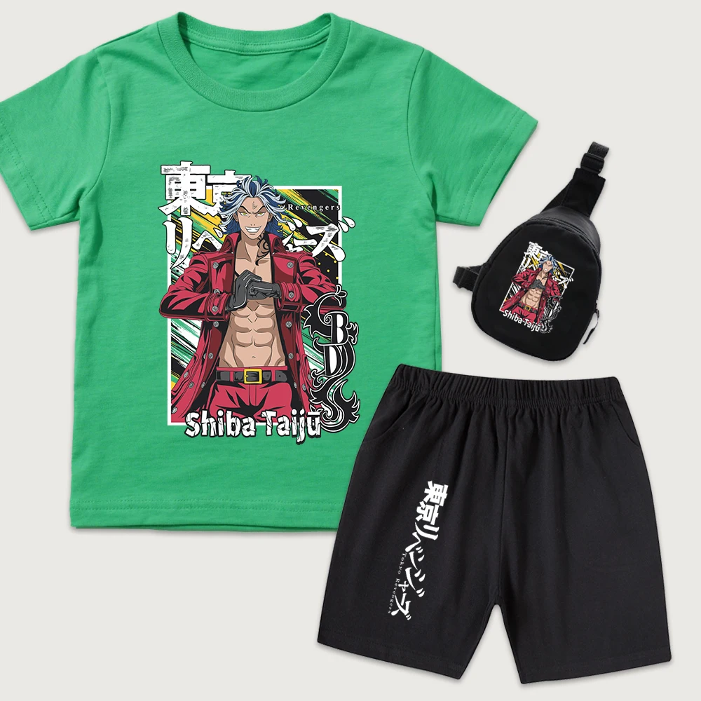 Tokyo Revengers Taiju Shiba Anime Print Kids Cotton T Shirt Shorts Mini Chest Bag 3 Piece Set for Boys Girls Summer Outfit