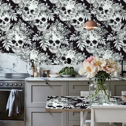 Black Skull Leaves Peel And Stick Wallpaper Halloween Festival Self-adhesive Waterproof PVC Decor Living Room Vinyl Wall Sticker