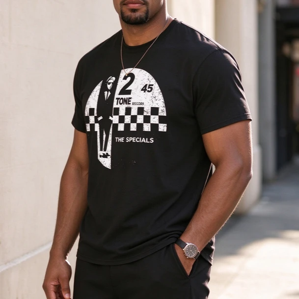 Men Classic Ska Music Graphic T Shirt The Specials 2 Tone Records Checkerboard Design Tee Casual Cotton Short Sleeve Streetwear