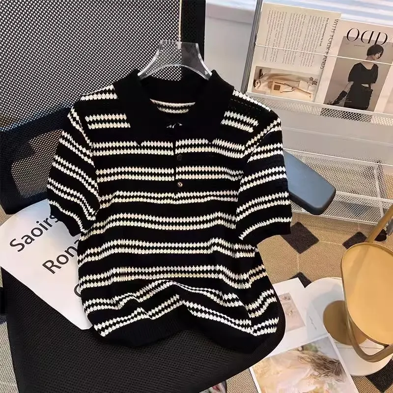 

plus Size Women's Spring New Knitted Loose Slimming irt Striped ort Sve T-irt Korean Sle Casual Comfortable