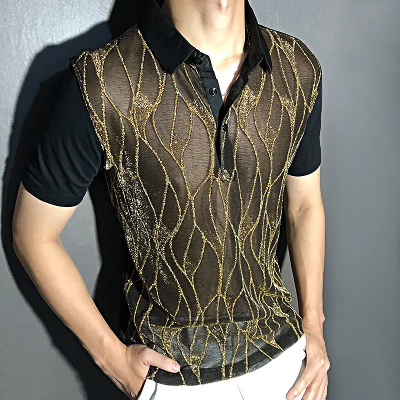 Black Gold Abstract Pattern Lace Sexy Polo See Quality Men Through Social Club Luxe Transparent Shirt Summer Short Sleeve Polo