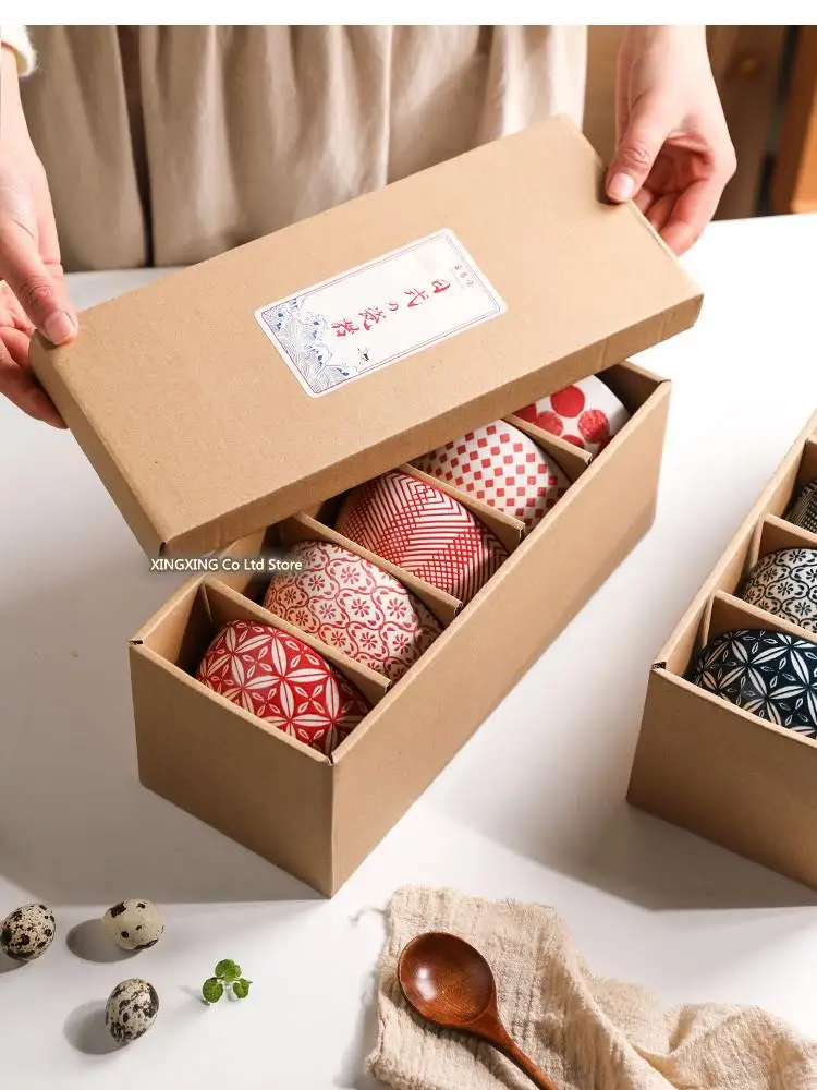 4.5 Inches Bowl Ceramic Kitchen Cutlery Set Japanese Style Personalized Rice Vintage Pattern Gift Box 5pcs