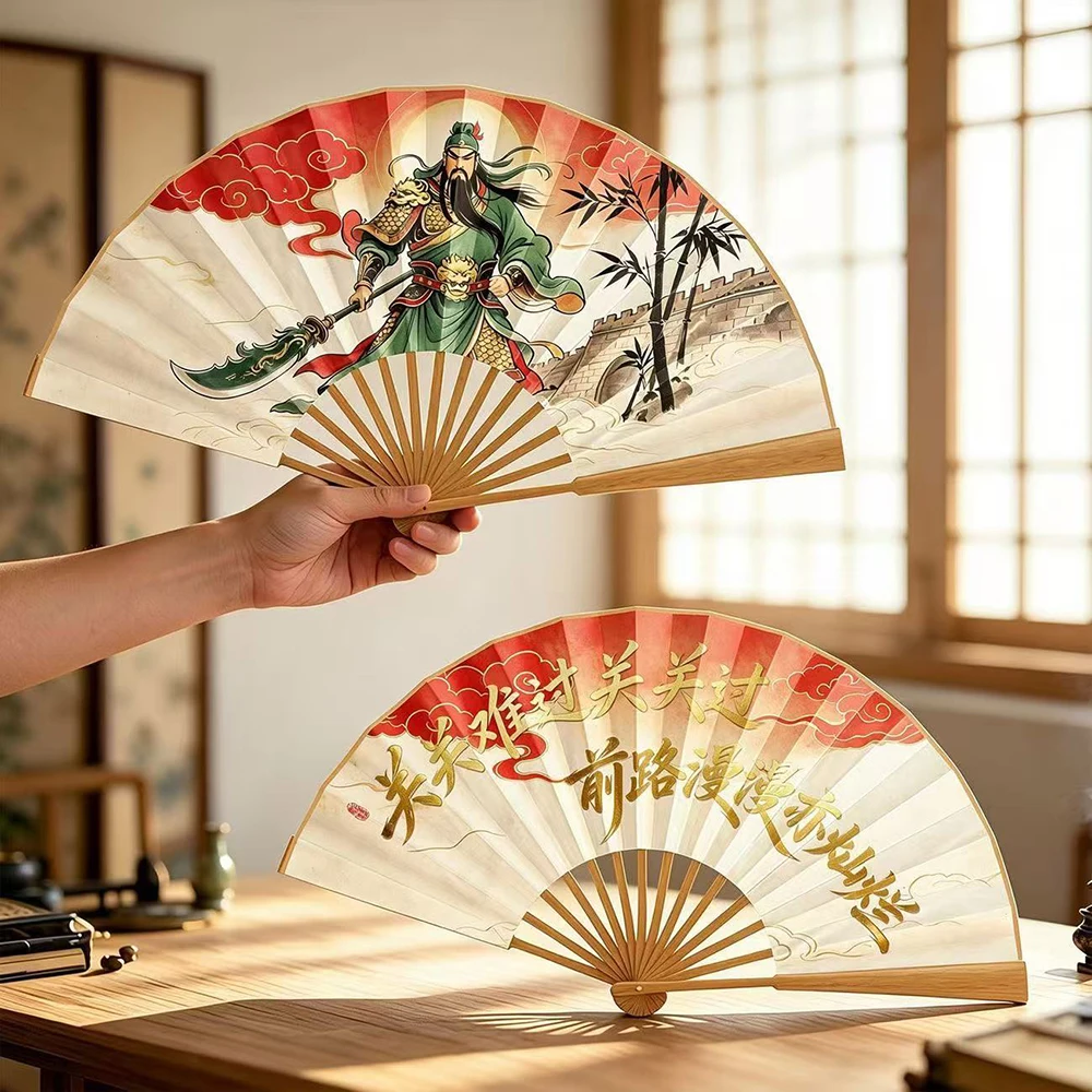 God of Wealth Guan Gong Folding Fan  Chinese Fabric surface Bamboo Hand Fan  Summer Decorative Fans for Wedding Gift Home Decor