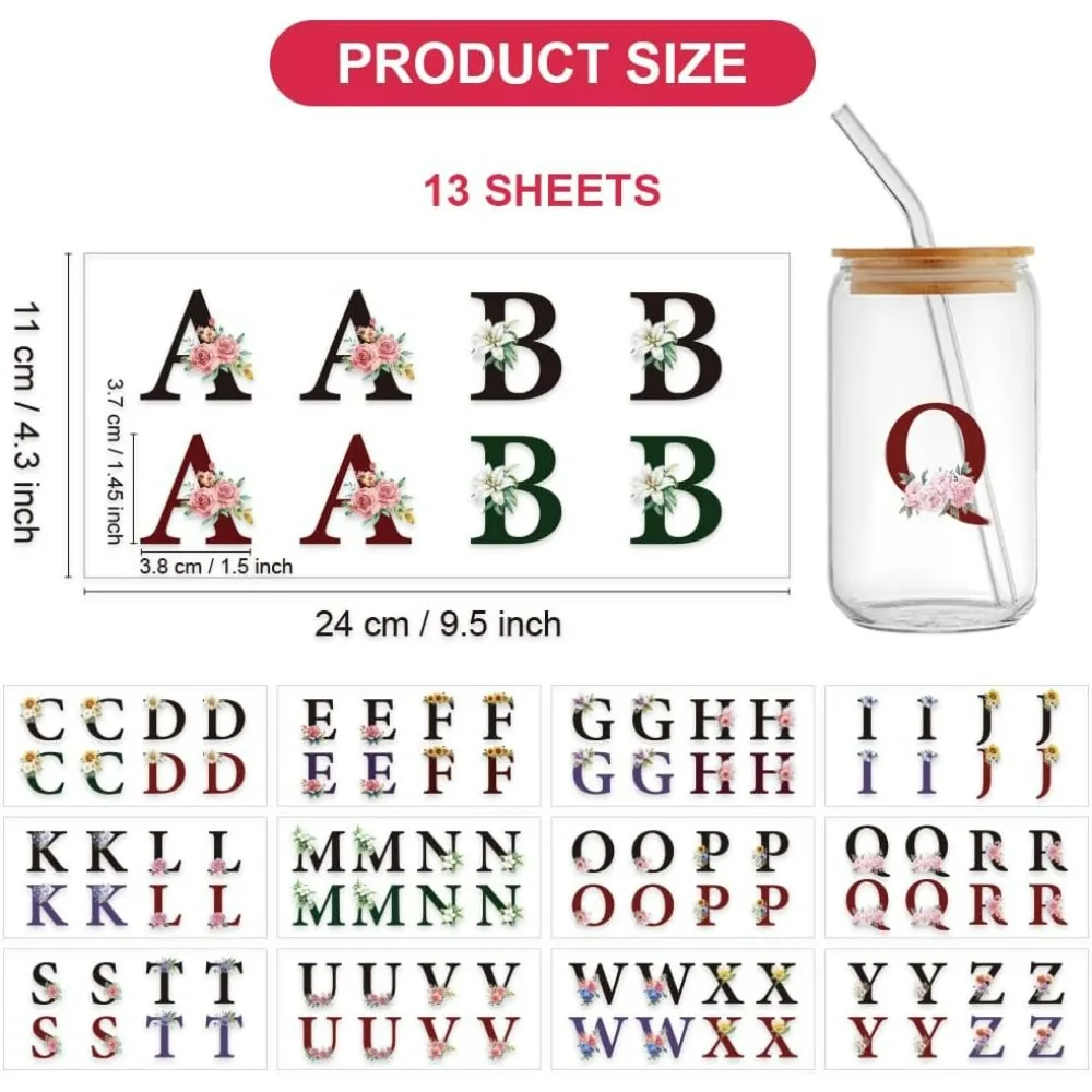 104 Pcs UV DTF Cup Wraps Sticker Letter A~Z UV DTF Cup Wrap for 16OZ Glass Flower Design Alphabet Transfer Stickers on UV DTF