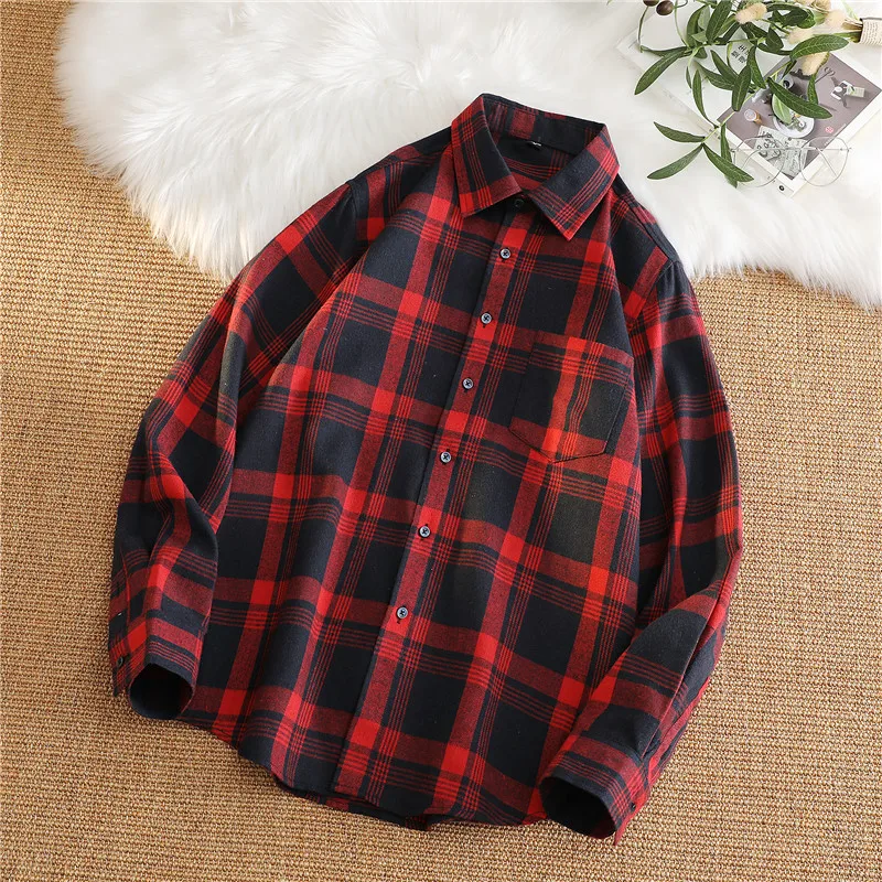 Red Vintage Plaid Shirts Men's Spring Outwear Loose Casual Tops Women's Korean Polo Neck Up Long Sleeve Chemise Homme Streetwear