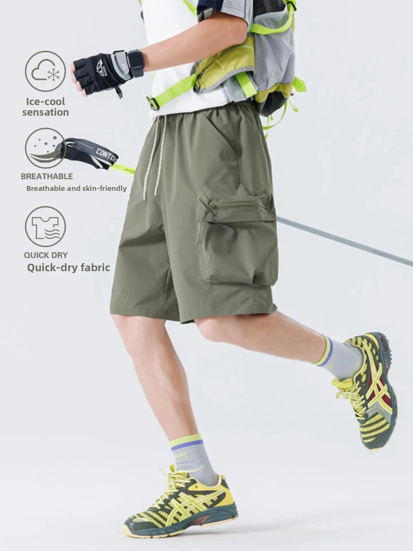 Lightweight Breathable Outdoor Workwear Shorts Men's Quick Dry Running Sports Five-Quarter Length Pocket Detail Polyester Fiber