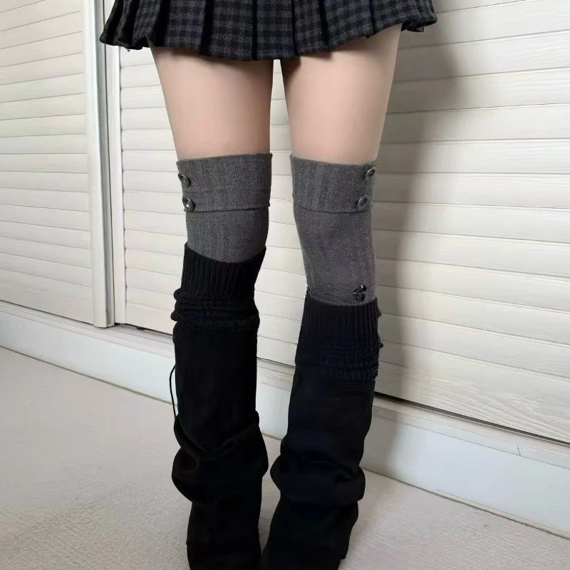 harajuku Retro Grunge Stripe Button Leg Warmers Women sweet y2k Aesthetic Leg Sock Casual Fashion Long Knit Leg Cover New