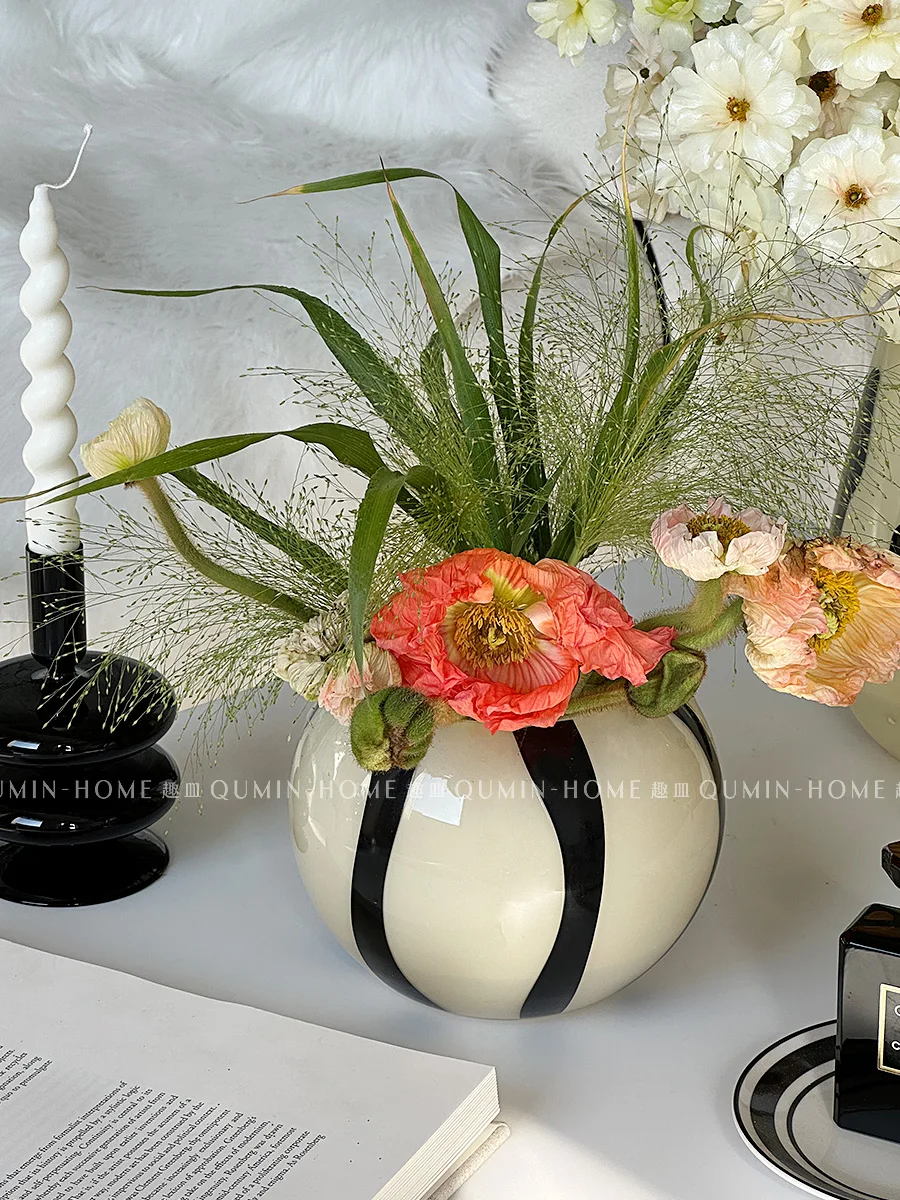 Simple European Vase Black Stripe Ball Vase Retro Living Room Office Desktop Glass Vase Girl Flower Pot Home Decoration Nordic