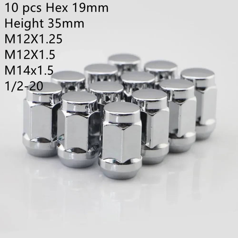 Car  Wheel Nuts 19mm hex  length 35mm   M14x1.5 M12x1.5 M12x1.25 Lug Nuts  m14x2, 1/2-20 Chrome Closed End Lug Nuts 10 Pieces