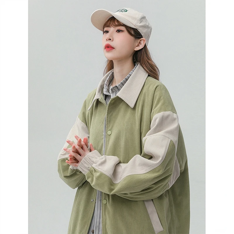 Corduroy Personalized Street Jacket Women's Spring Autumn 2023 New Contrast Colored Westernized Relaxed Versatile Polo Coat