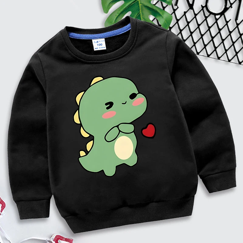 Dinosaur Heart Print Crew Neck Sweatshirts For Girls Hoodless Sweatshirts Autumn Long Sleeves Tops Kids Casual Pullovers