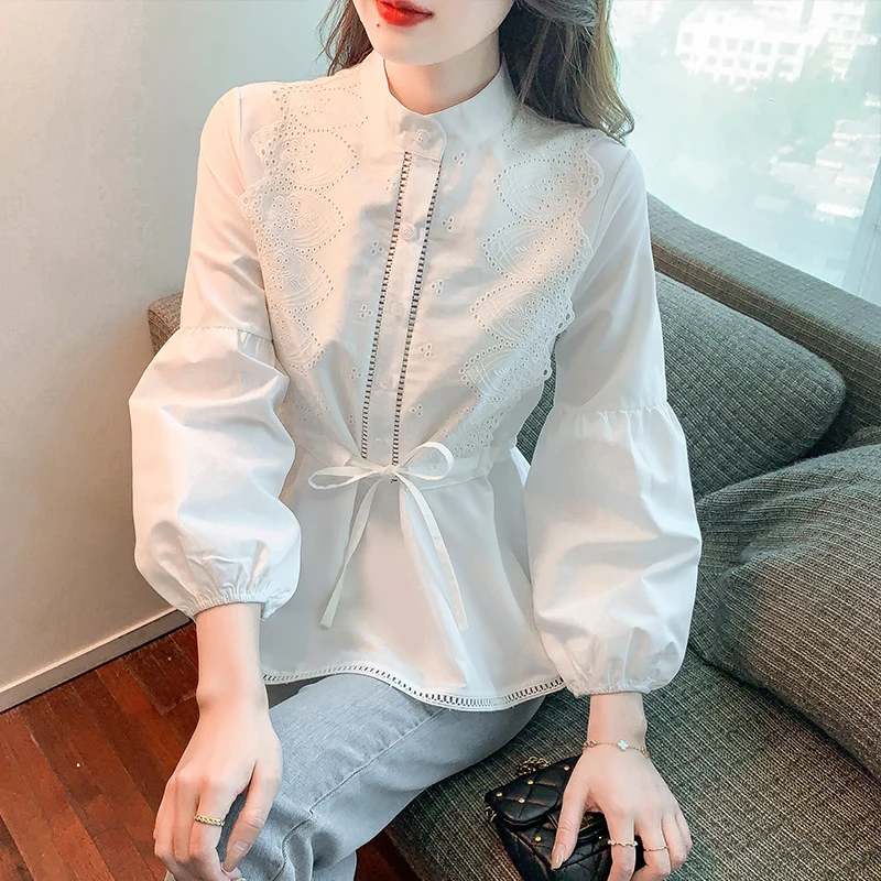 

QOERLIN Lace-Up Slim Waist White Shirts Women Long Sleeve Hollow Out Lantern Sleeve Elegant Casual Blouse Female 2024 New Tops