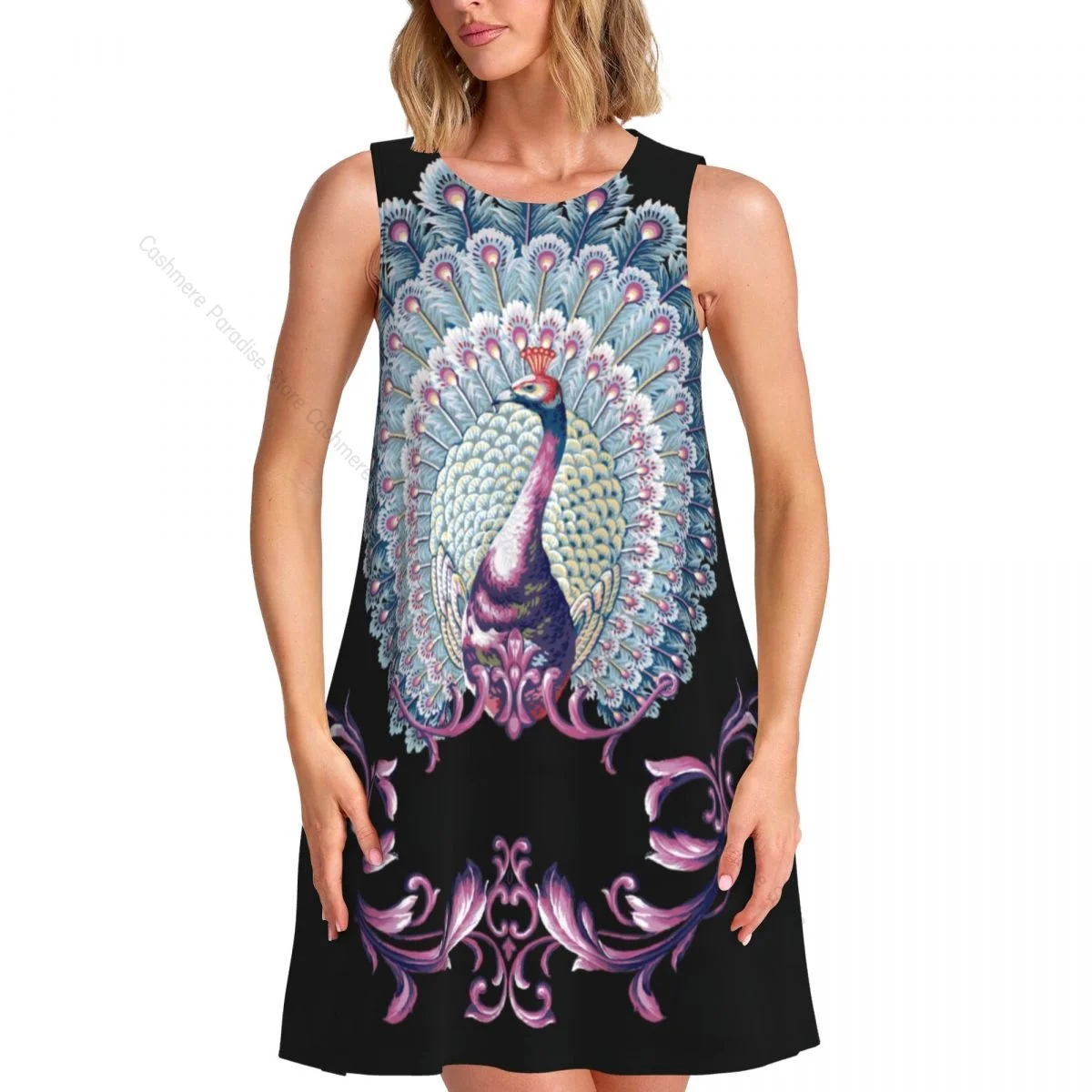 Feminino casual joelho vestido feminino barroco luxo pavão o pescoço sem mangas acima do vestido