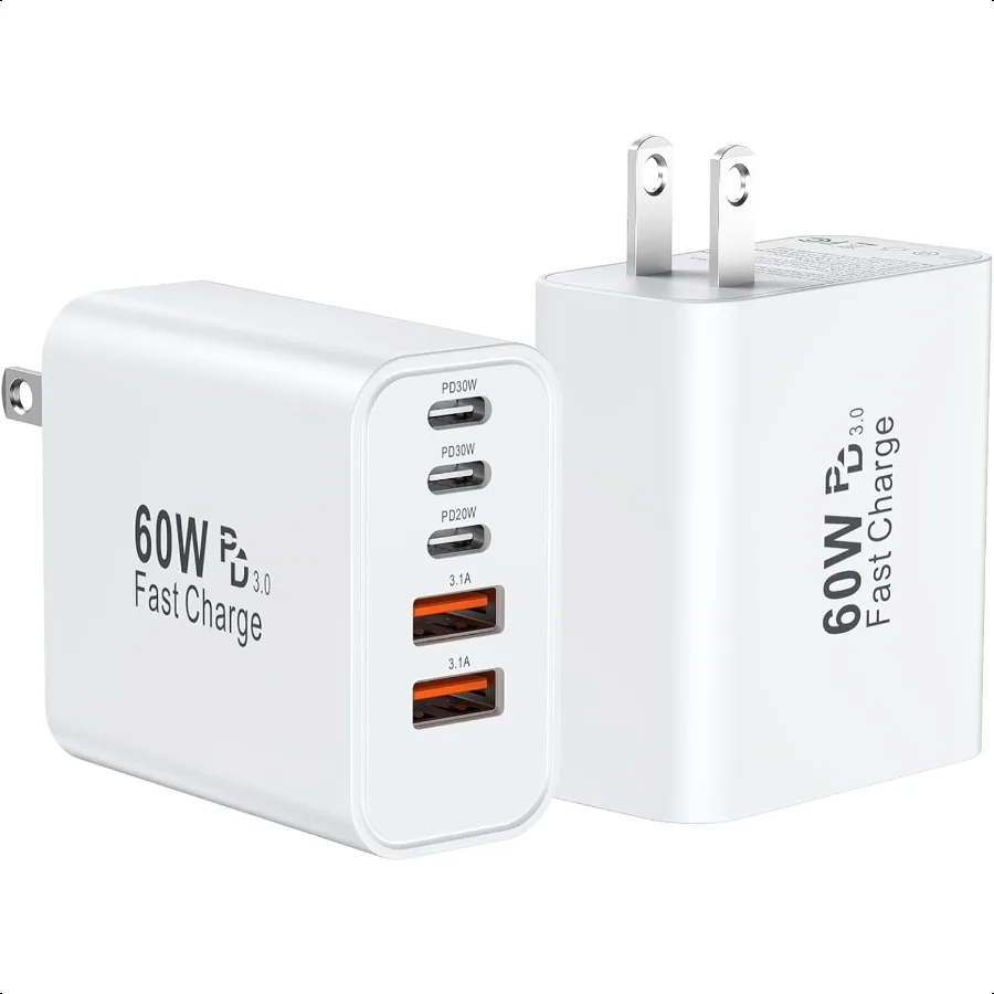 

USB C Fast Wall Charger Block 2Pack 60W USBC Charging Cubes 5Port PD+QC Power Adapter Multiport Brick Type C Box Plug for iPhon
