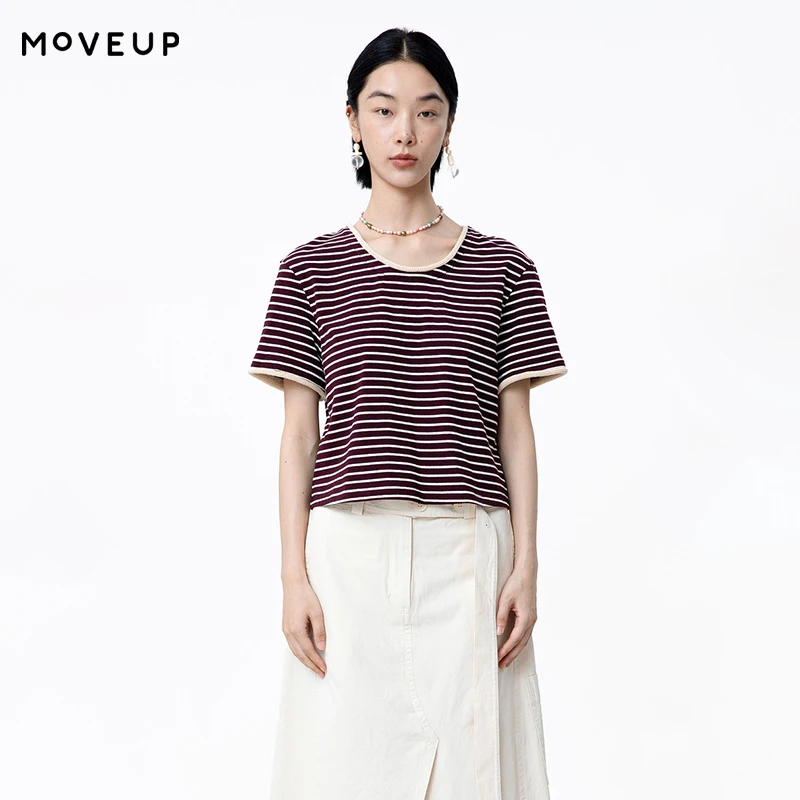 MOVEUP Short Sleeves Round Neck T-Shirt 2026 Summer New Pure Cotton And Wool Woven Edge Contrast Striped Top For Women 125210543