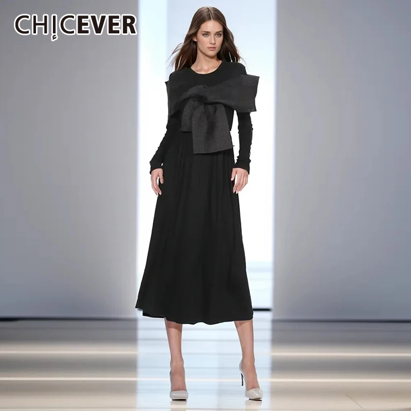 

CHICEVER Casual Minimalist Slimming Dresses For Women Round Neck Long Sleeve High Waist Spliced Bowknot Solid Midi Dress Female