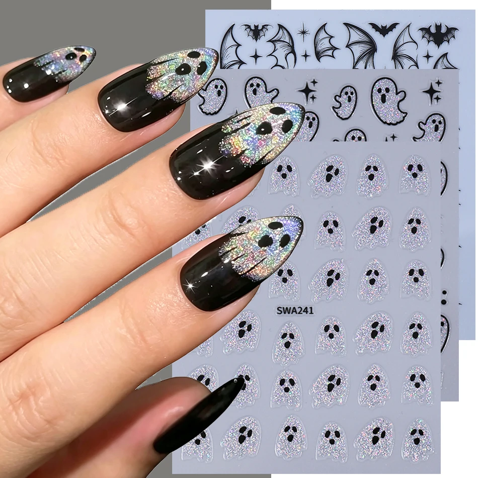 2/3pcs Halloween Nail Art Stickers Self‑Adhesive Glitter Ghost Black Bat Wing Design Nail Decals Manicure Decoration Accessories