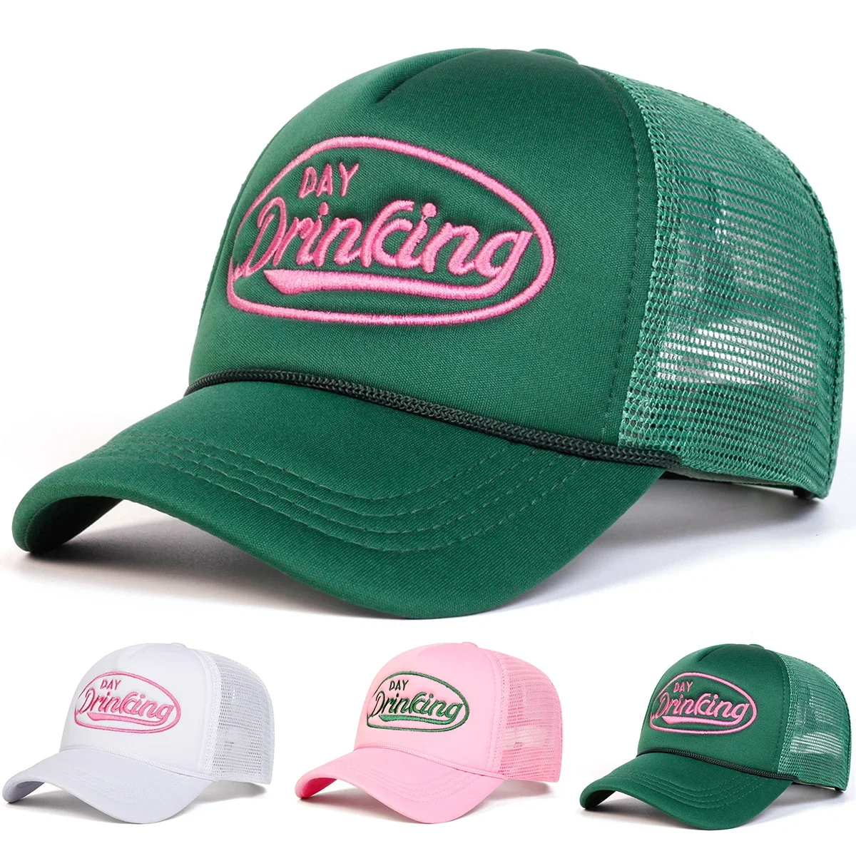 Unisex DAY DRINKING Letter Embroidery Baseball Net Caps Outdoor Adjustable Spring and Summer Casual Sunscreen Hat