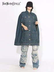 TWOTWINSTYLE Solid Patchwork Pocket Chic Denim Coat For Women Lapel Cloak Sleeve Spliced Single Breasted Streetwear Coats Female