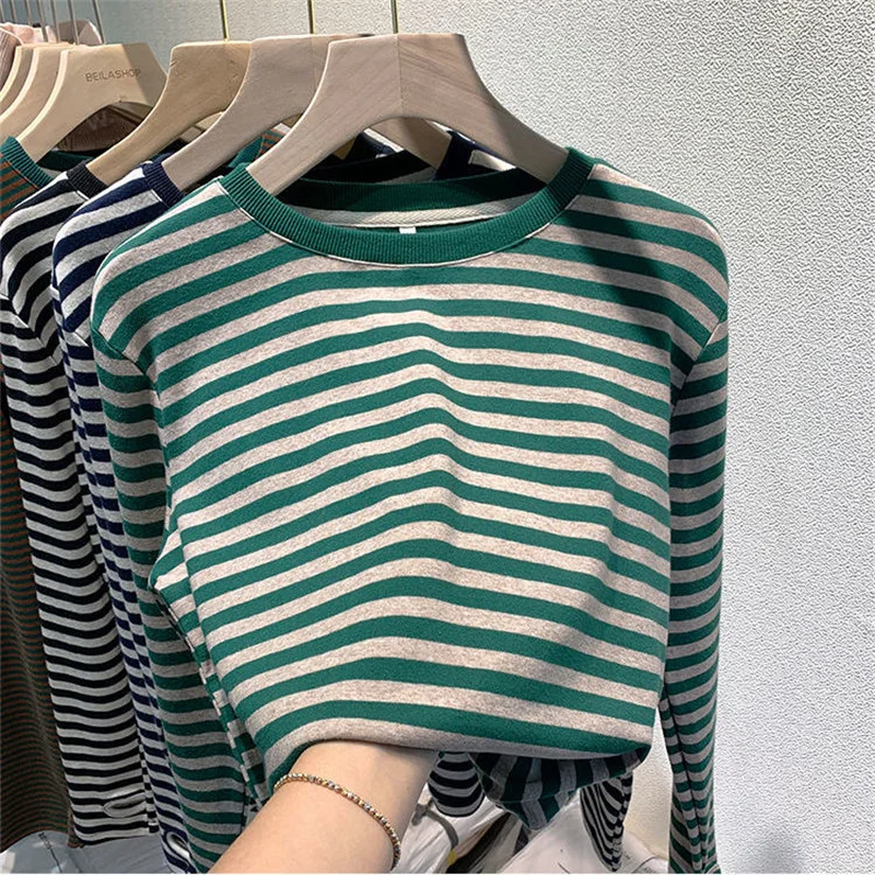 Green Stripe Women\'s Hot New Korean Cotton 2022 Loose Casual Basewear Striped Long Sleeve Tops All Match Basic Oversized Sweater