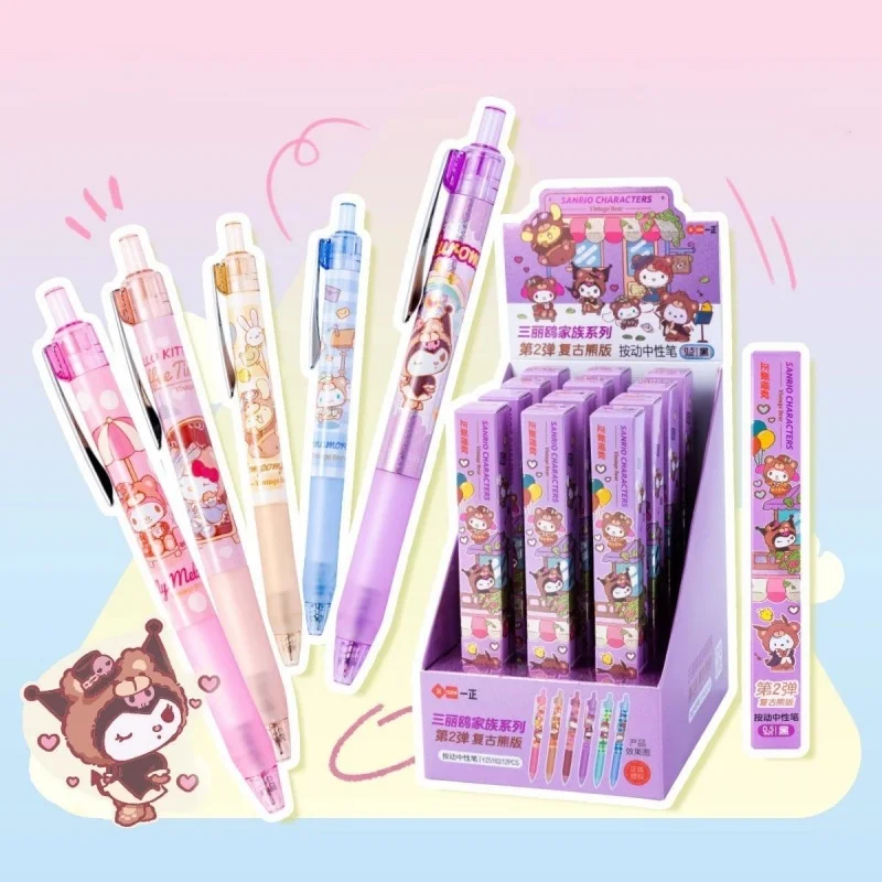 

12pcs/lot Kawaii Sanrio Kitty Melody Kuromi Press Gel Pen Cute Pochacco 0.5mm Black Ink Neutral Pens Office School Supplies
