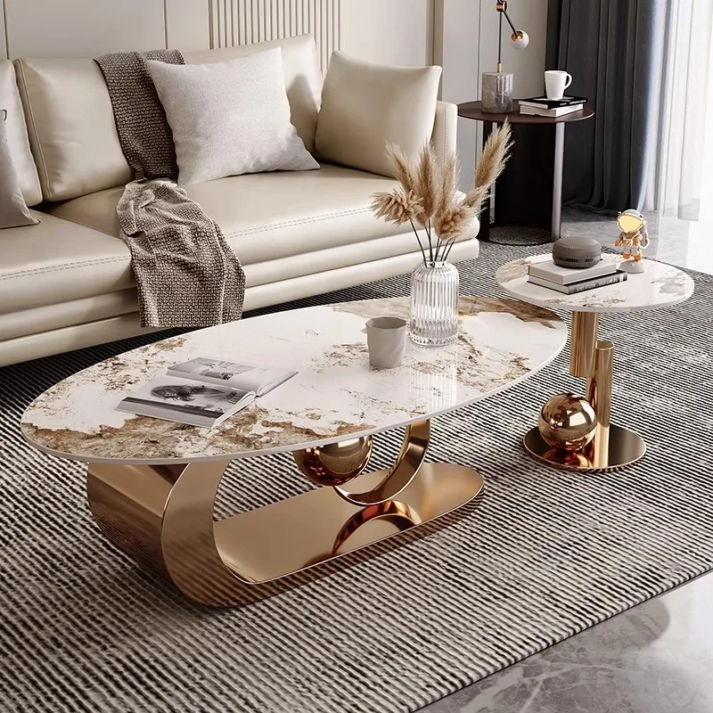 

Rock slab coffee table light luxury living room household oval Italian small apartment modern simple tea table