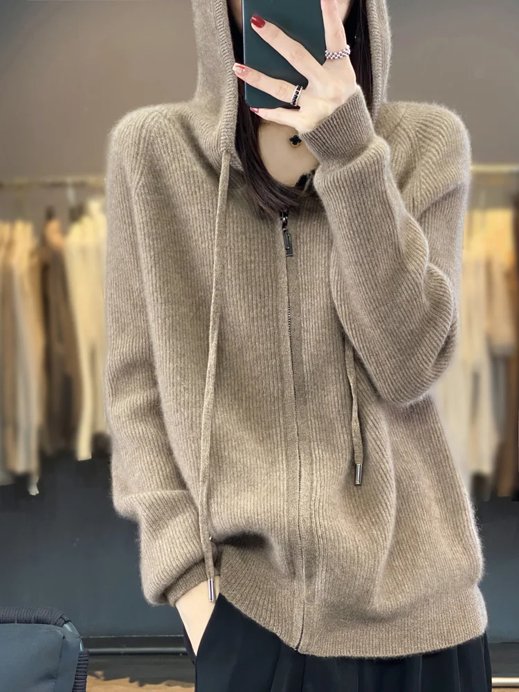 

Autumn Winter Women 100% Merino Wool Hooded Cardigan Soft Casual Cashmere Sweater Long Sleeve Korean Hoodie Simple Zipper Tops