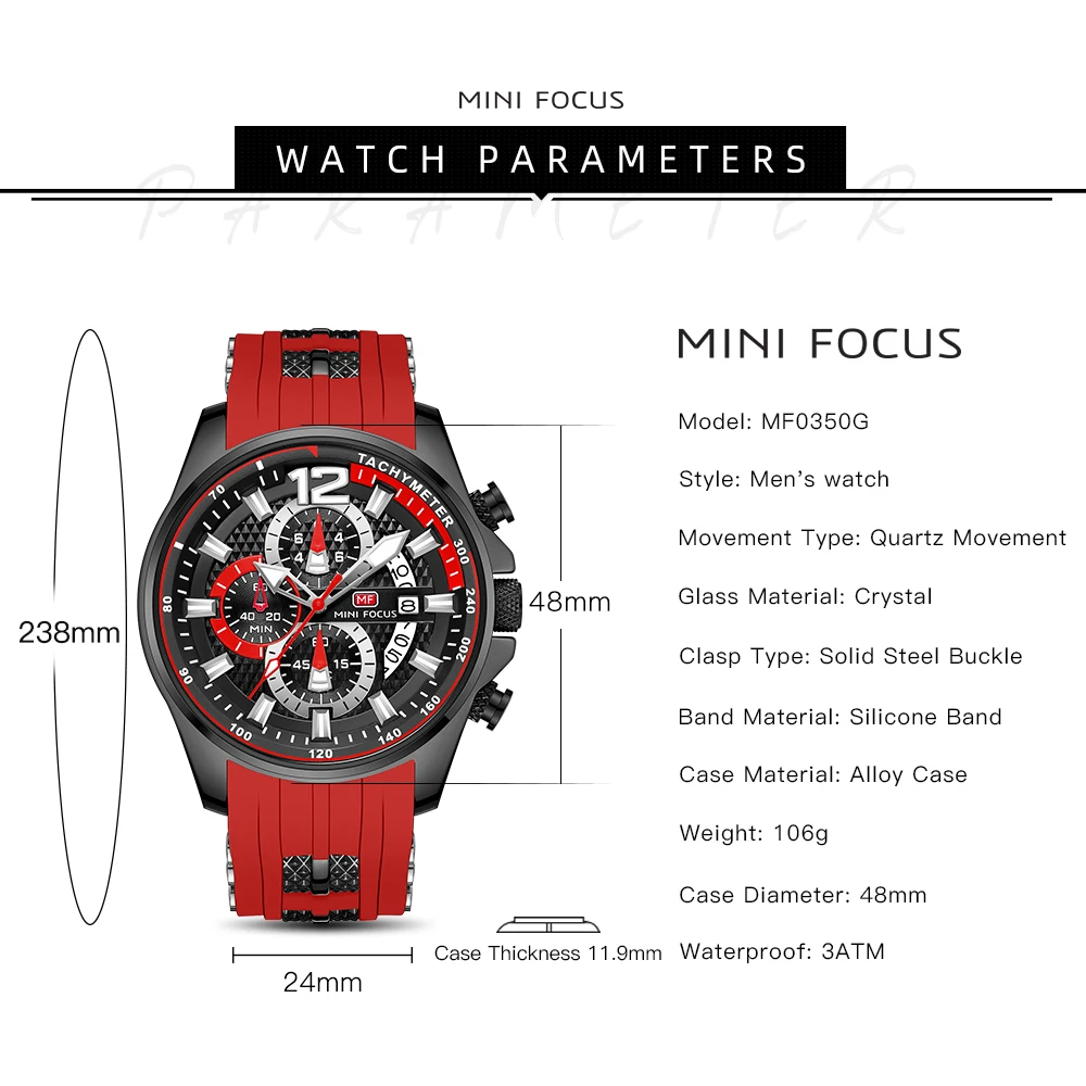 MINI FOCUS Fashion Waterproof Mens Watches Top Brand Luxury Chronograph Quartz Men Watch Red Silicone Strap Sports Wristwatches