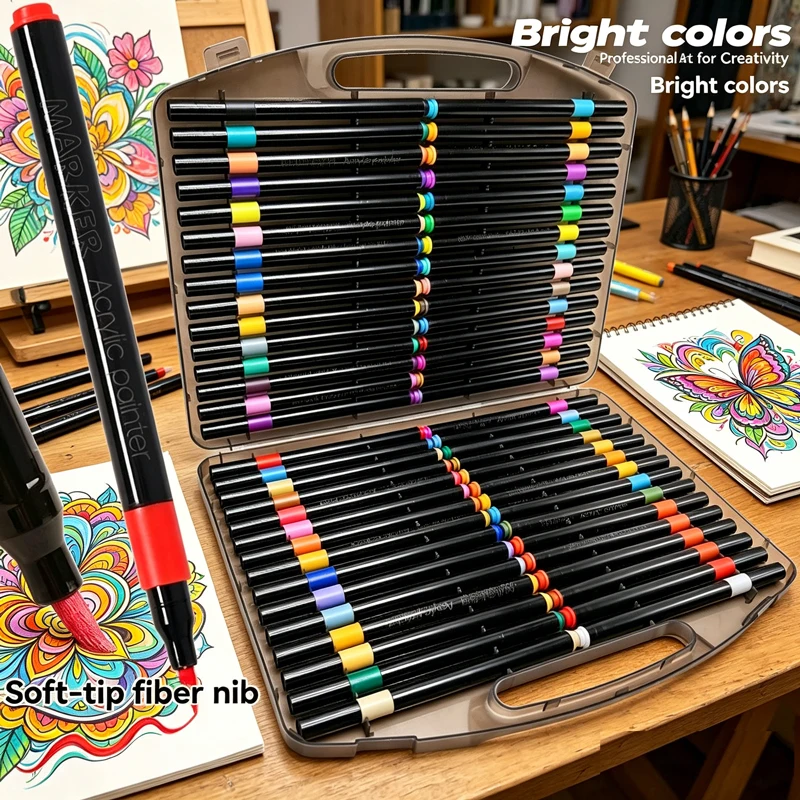 Professional Art Use 12-80Colors Acrylic Paint Markers, Dual-Tip Fine and Brush Tip Pens, Suitable for Stone, Wood, Calligraphy