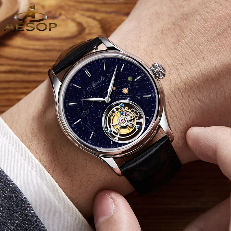 Aesop 7025 jam tangan mekanis Pria Dial batu pasir biru modis safir kulit baja tahan karat gerakan Tourbillon terbang Manual