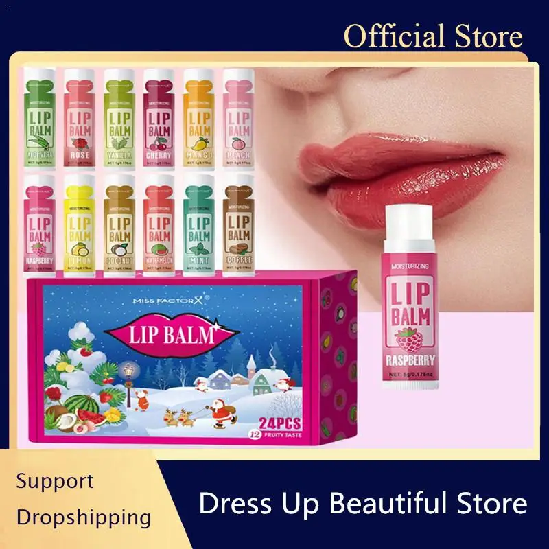 

24PCS/ box 12 kinds of flower and fruit lip balm set Gift Natural fragrance moisturizing exfoliating and brightening lip color