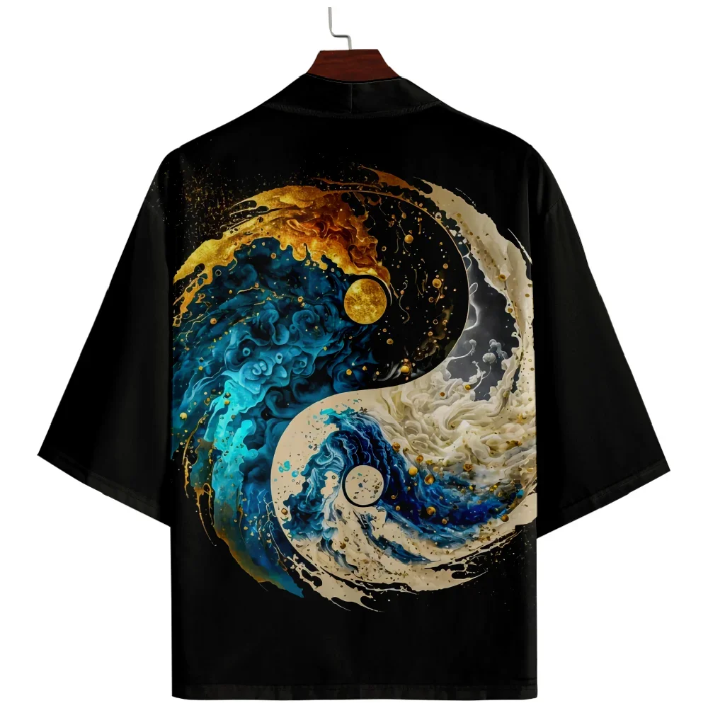 

New Design Tai Chi Gossip Print Japanese Kimono Streetwear Men Women Cardigan Haori Traditional Beach Yukata 5XL 6XL