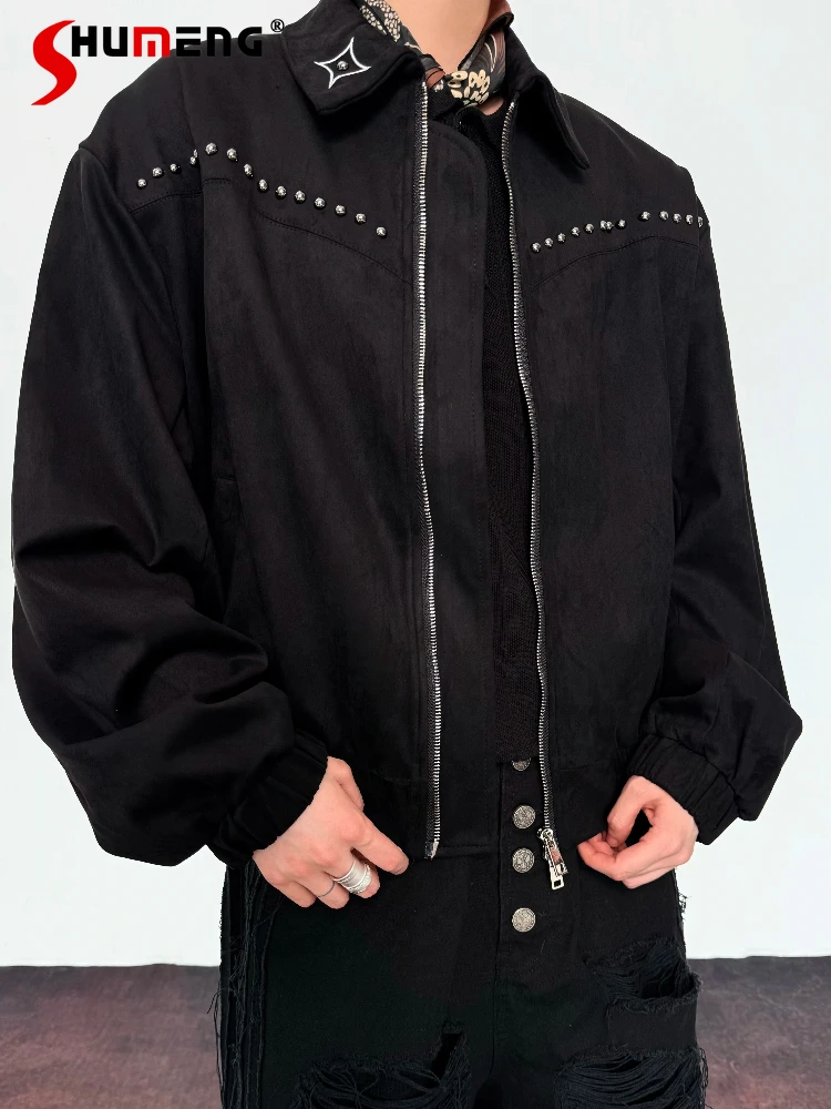 

Men's 2025 Spring Autumn Couple High Street Jackets Male High-End Trendy Short Style Jackets Men's Rivet Decoration Lapel Coats