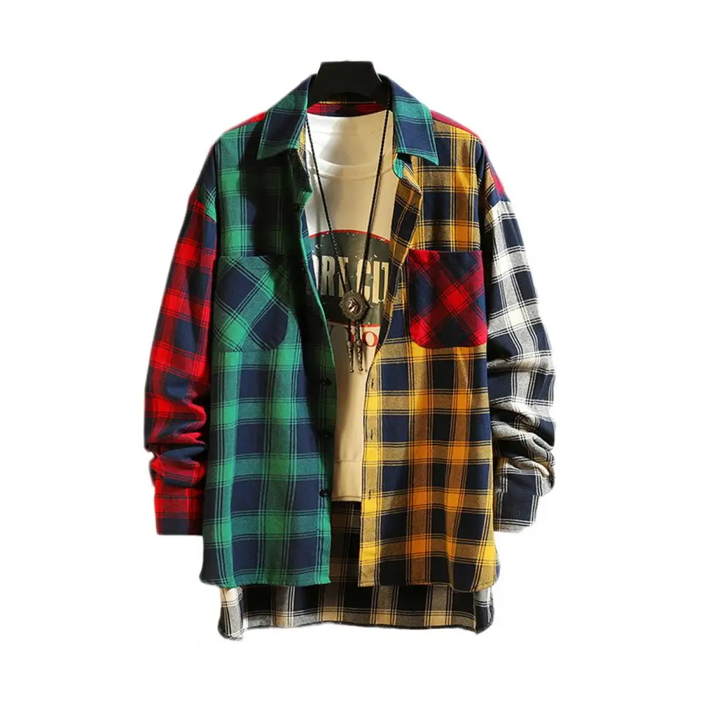 メンズカラフルな長袖チェック柄シャツ、ラペル、シングルブレスト、カラーブロック、ストリートウェア、春