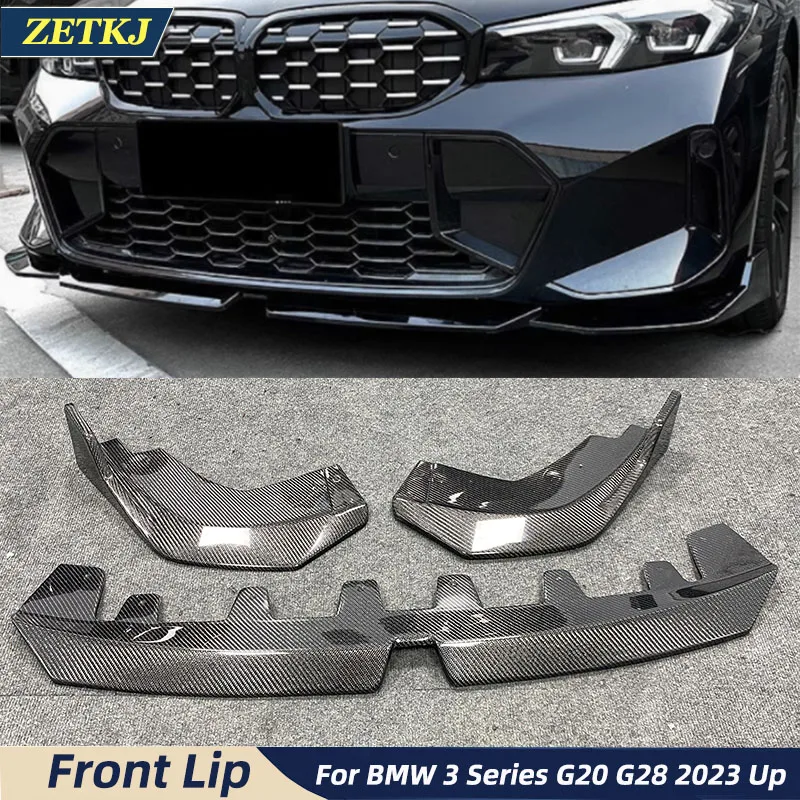 3 Cuts MP Style Real Carbon Fiber Front Lip Chin Shovel Bumper Spoiler Car Body Kit For BMW 3 Series G20 G28 Modify 2023Up