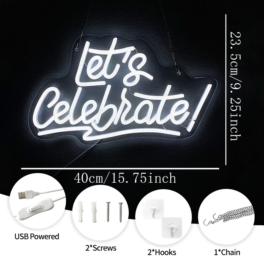 Let's Celebrate Neon Sign, White Letter LED Wall Decor USB Powered, Neon Light for Bedroom, Game Room Wedding and Party Backdrop