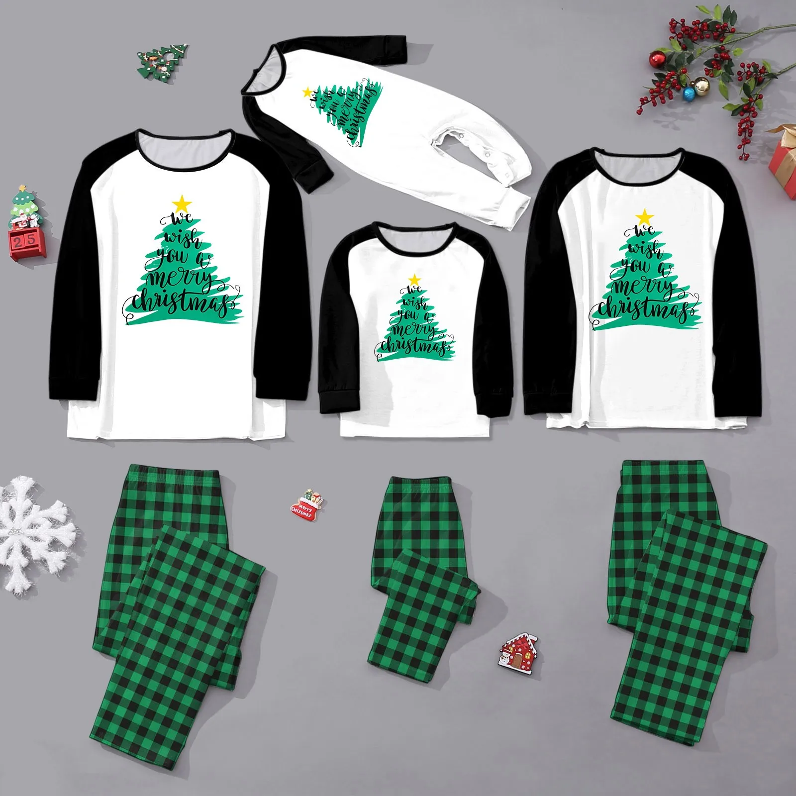 Family Matching Pajamas Christmas Tree Print Long Sleeve Tops and Green Plaid Pants Sleepwear Adult Child Clothing Outfit Sets