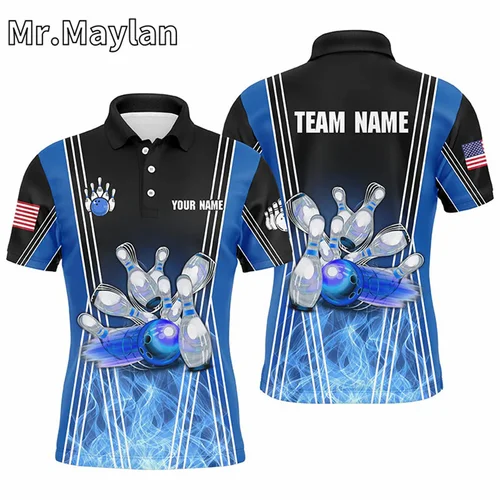 남녀공용 블루 플레임 볼링 스포츠 폴로 셔츠, 팀 저지, 유니섹스 상의, 팀 볼러 선물, 3D 