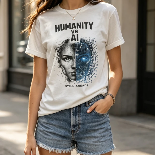 Tech Style Human and AI Contrast Print Tshirt for Men Futuristic Sci Fi Graphic Casual Loose Gray Short Sleeve Cotton Tees