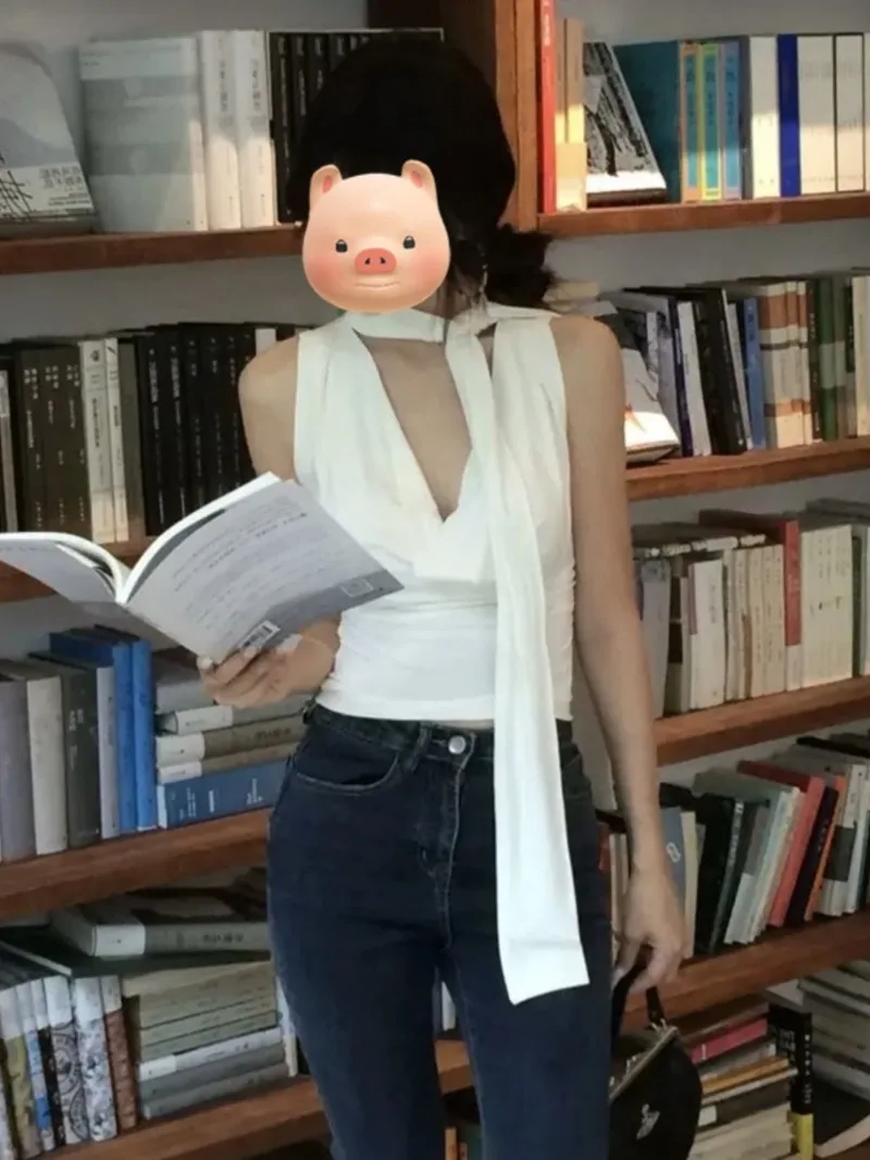 Korean Style White Halter Neck V Neck Sleeveless Crop Top Women Summer Cowl Neck Tie Front Draped Cami Blouse Sexy Feminine