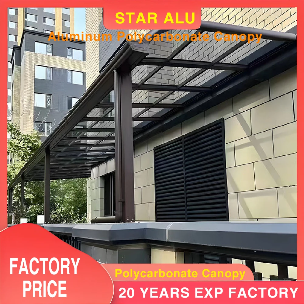

Outdoor Brown Polycarbonate Awning with Black Plastic Brackets Sunshade Canopy Aluminium Front & Back Bars for Patio Or Deck