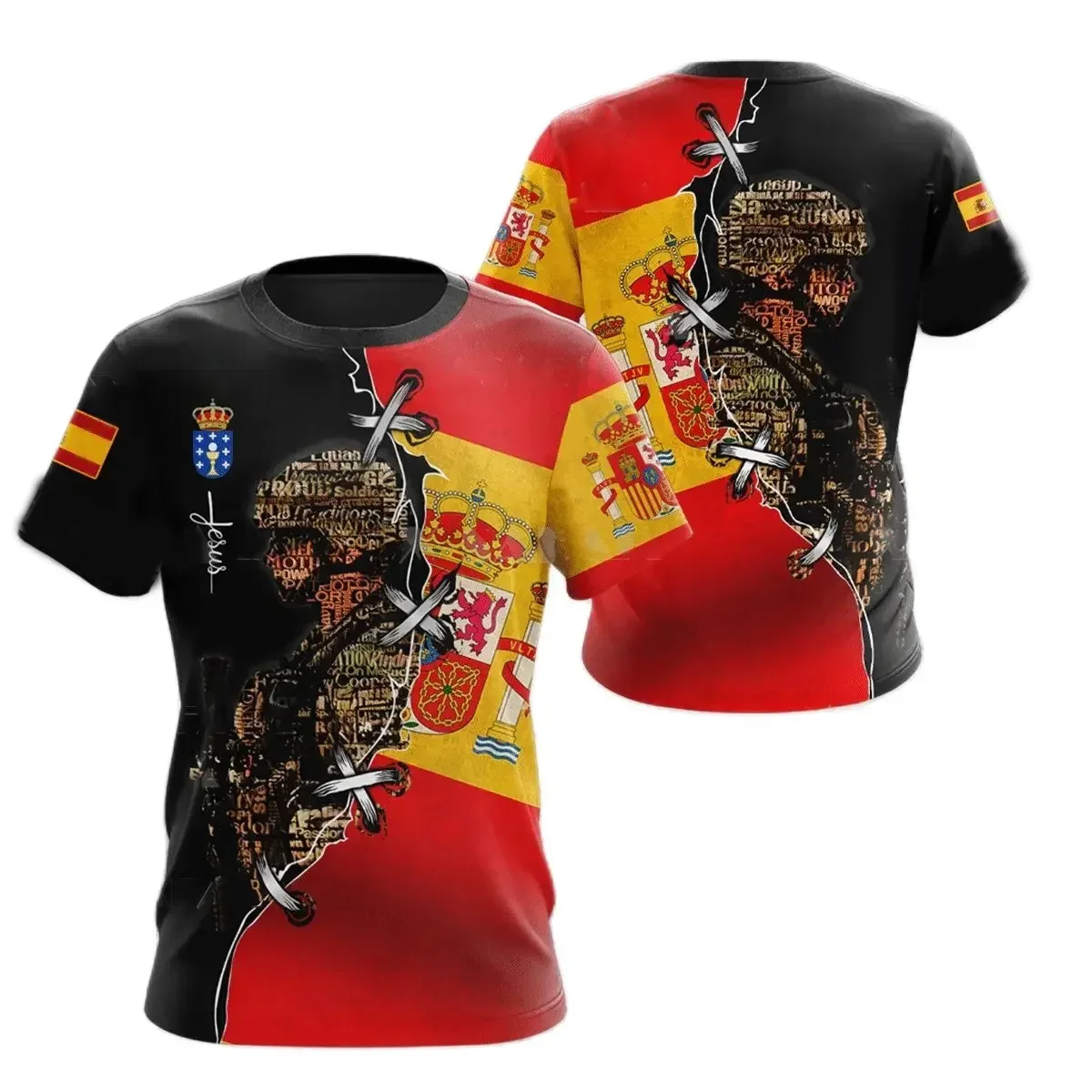 3D T-shirt printed with Spanish National emblem, men's casual sport lightweight breathable quick-drying top, Asian size