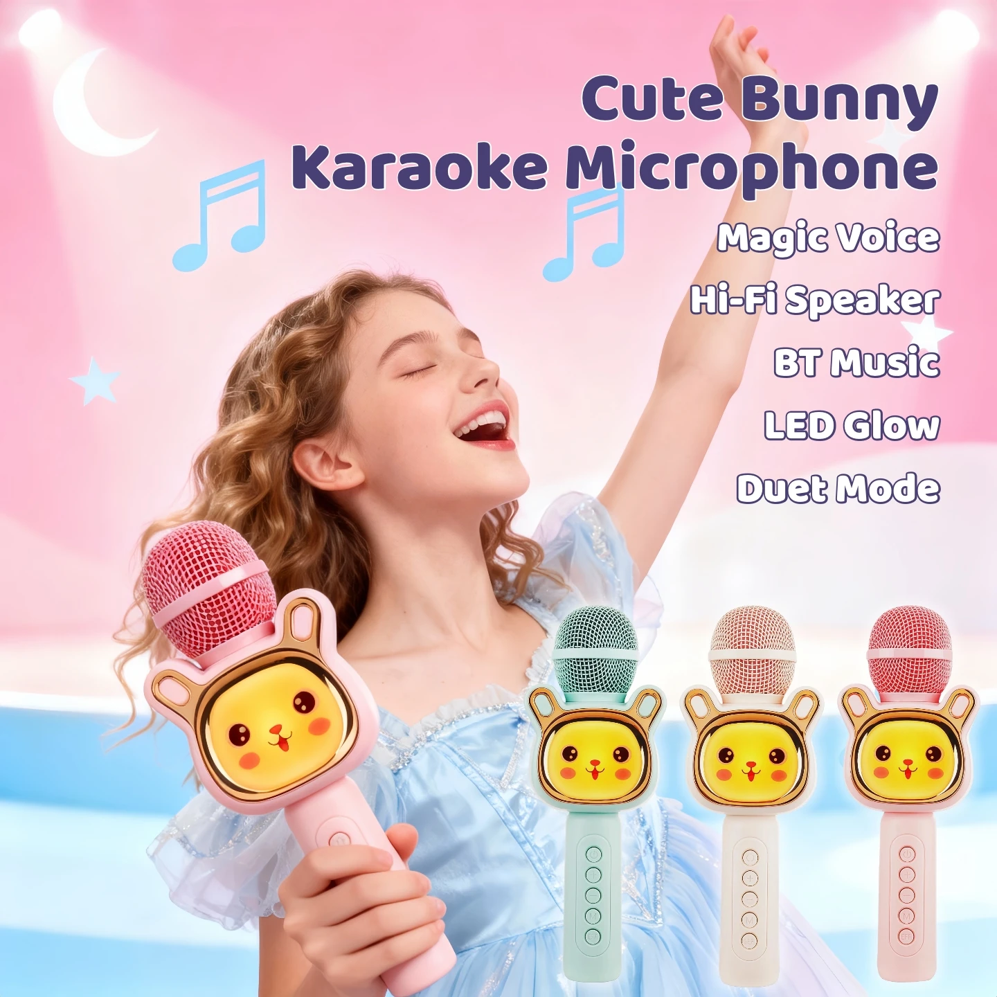 Bunny Karaoke Microphone for Kids Wireless Bluetooth Voice Changer TWS Dual Mic LED Portable Speaker Halloween Costume Party Essential Gift Girls Boys