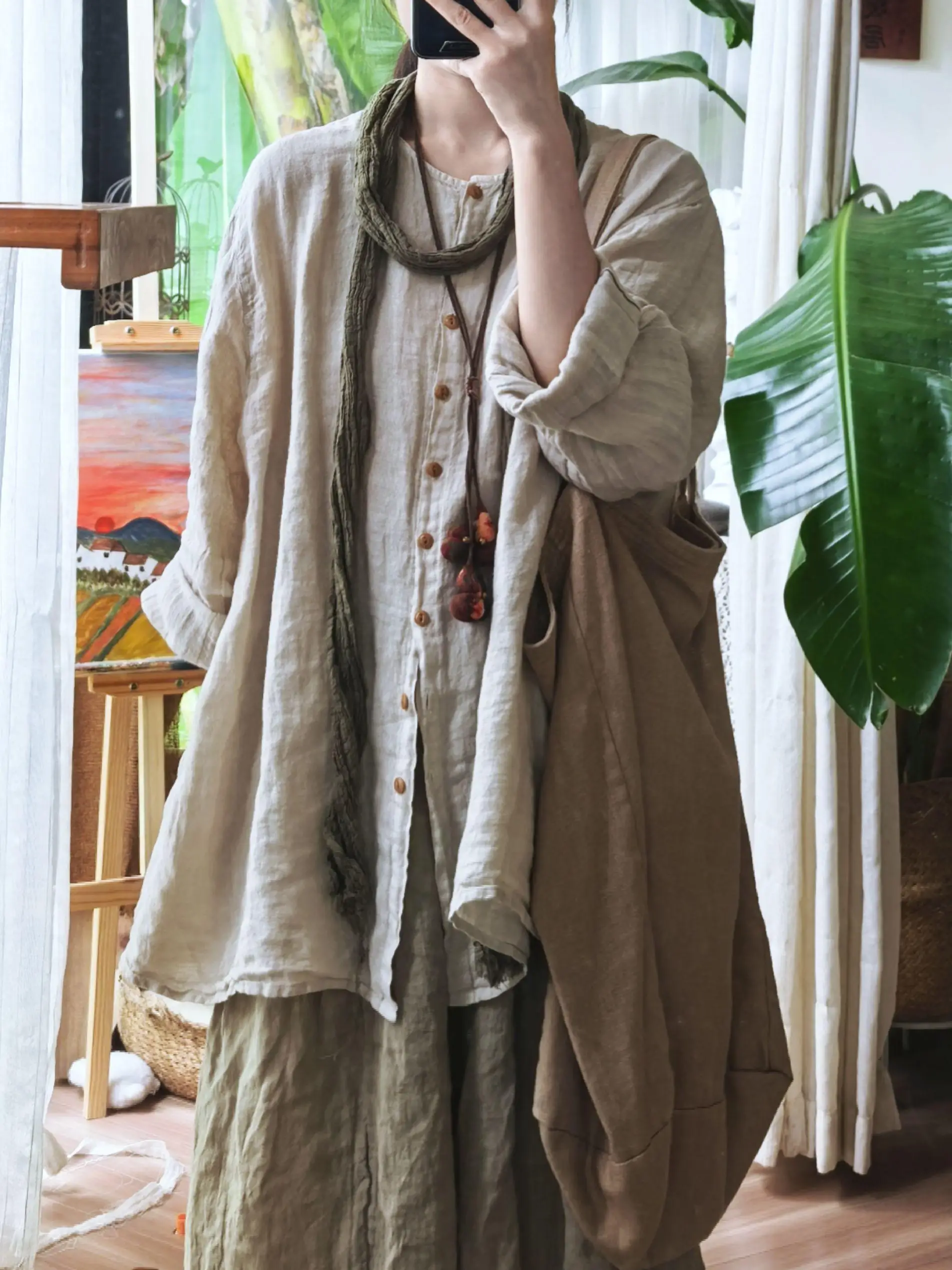 Retro Artistic Loose Linen Shirt Wooden Tone Cool Style Zen Inspired Women's Top New Chinese National Style Set Casual Wear