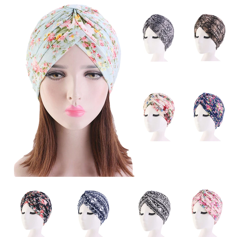 

Flower Hat Women Muslim Chemo Cap India Hat Hair Loss Hat Pleated Headscarf Turban Caps Printed Islamic Bonnet Beanies Skullies