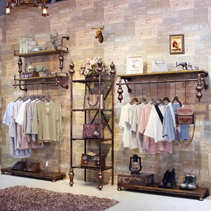 Appendiabiti Espositore per negozio di abbigliamento Appendiabiti retrò da parete dal pavimento al soffitto Appendiabiti combinato con sospensione laterale da donna