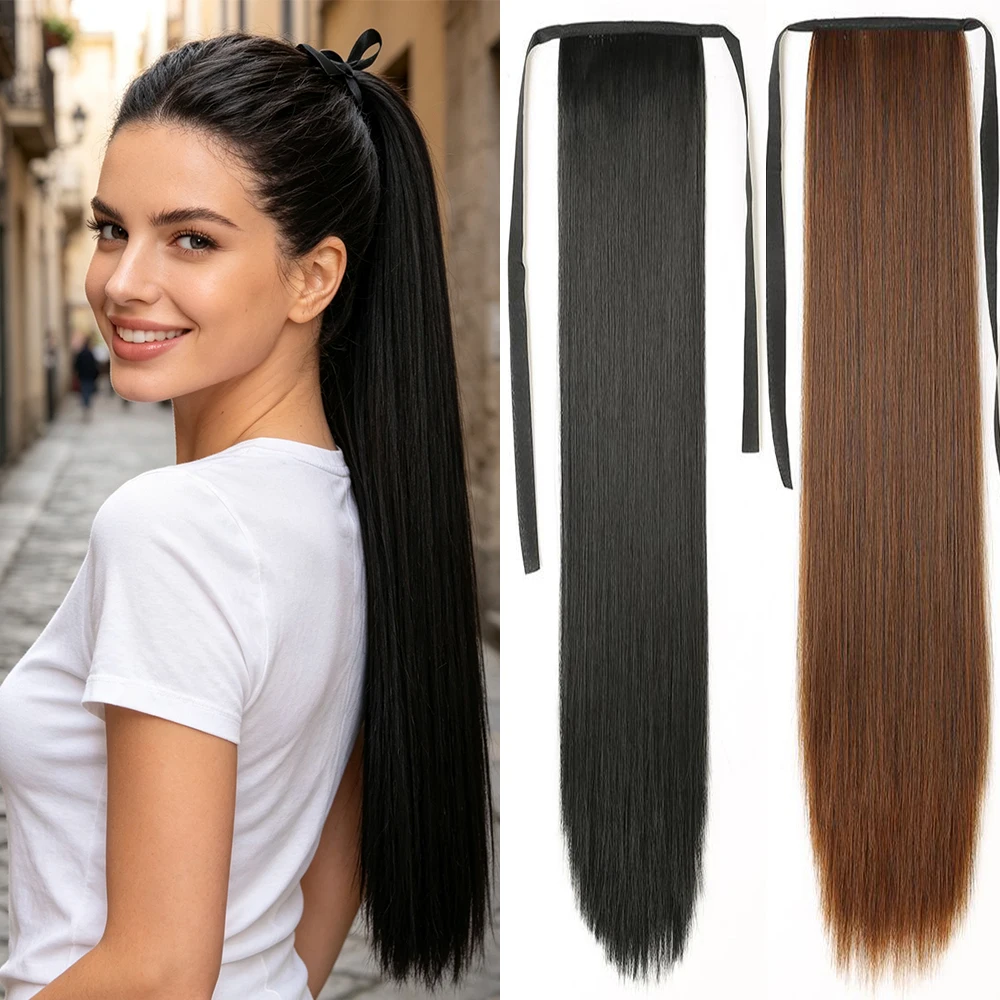 Synthetic 45cm Long Straight Wig Ponytail Hair Extension Hairpiece Matte Realistic Seamless Tie Up Pony Tail for Woman Daily Use