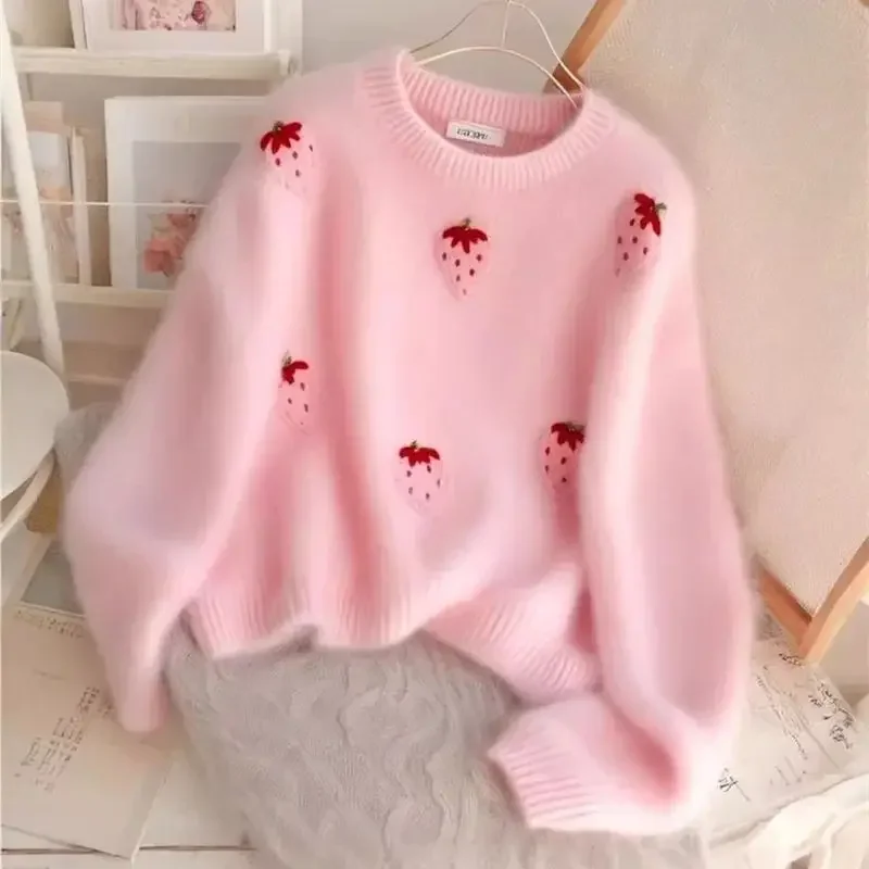 New Sweet Pink Soft Mink Sweater Women Embroidery Strawberry O-Neck Long Sleeve Casual Loose Wool Pullover Tops Knitwear